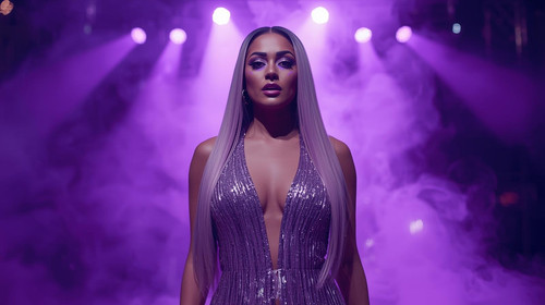 A glamorous Indian pop star girl with silky straight hair, violet glossy makeup, and a sparkling sil.jpg