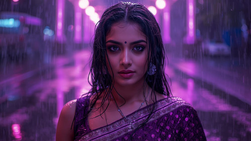A beautiful Indian woman with wet hair and smoky purple eyeliner, wearing a shimmering deep violet s.jpg