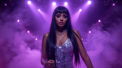 A glamorous Indian pop star girl with silky straight hair, violet glossy makeup, and a sparkling sil.jpg