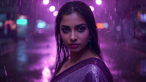 A beautiful Indian woman with wet hair and smoky purple eyeliner, wearing a shimmering deep violet s.jpg