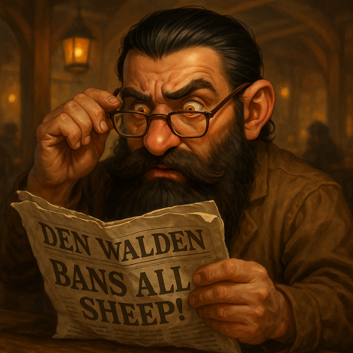 A dwarf named Den Walden with striking orange eyes tan skin slicked back black hair and a thick glos.png