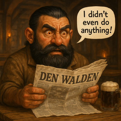Den Walden a dwarf with striking orange eyes tan skin slicked back black hair and a thick glossy bea.png