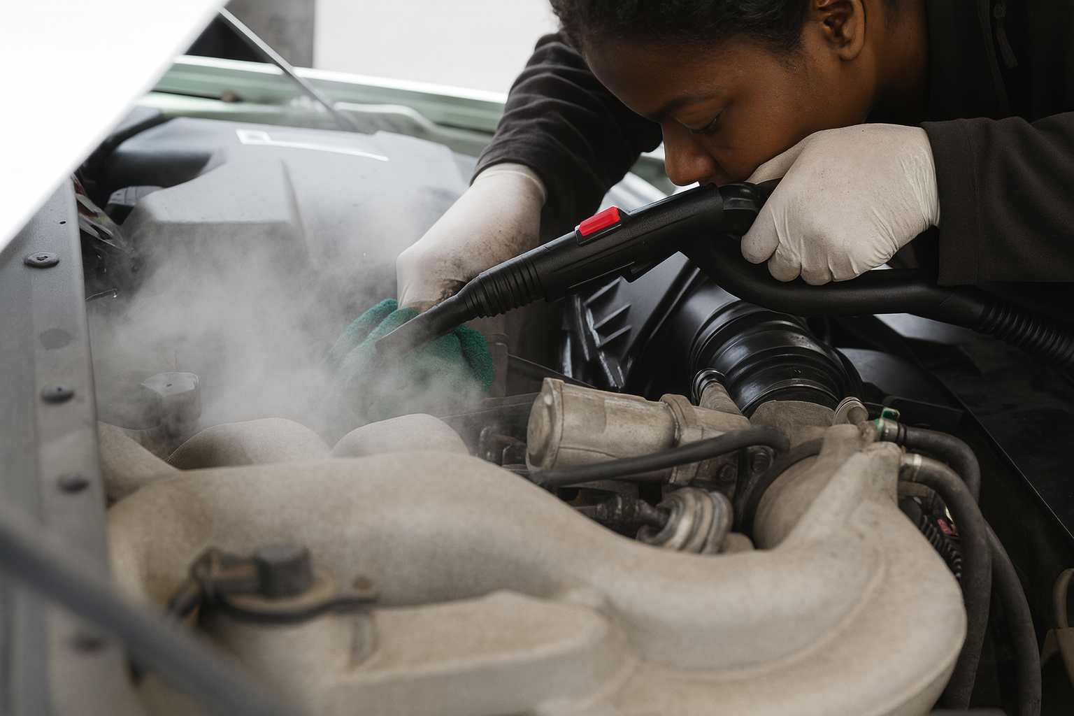 Detailer working around front end and headlight area