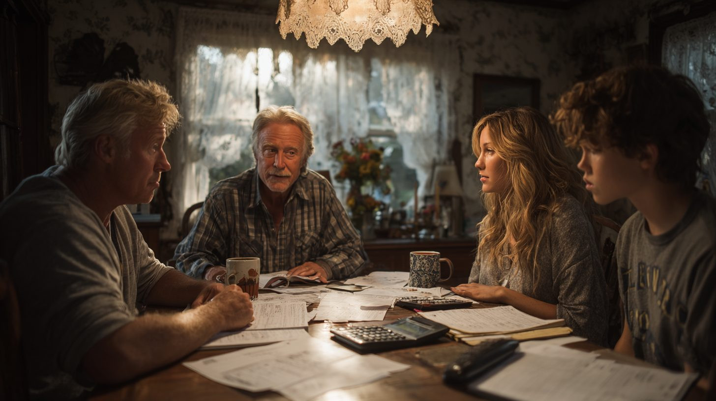 Семья за столом обсуждает бюджет