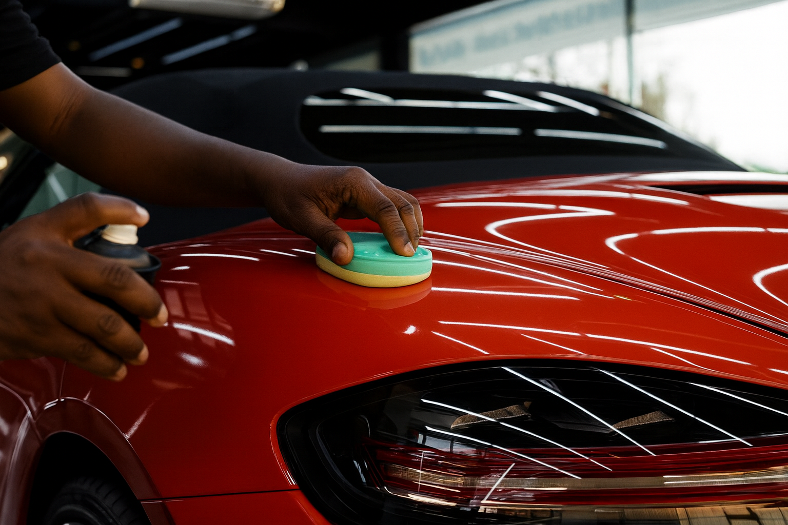Protective UV sealant being applied to a restored headlight