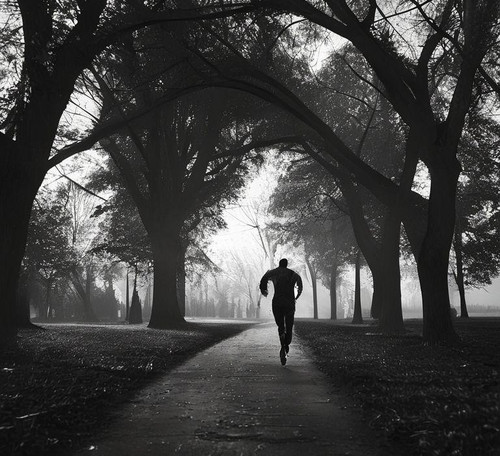 in an empty park at dawn a figure runs on a secluded path the trees looming large around them the.jpg