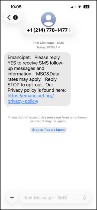 Emancipet SMS confirmation screenshot 01.23.26.jpg