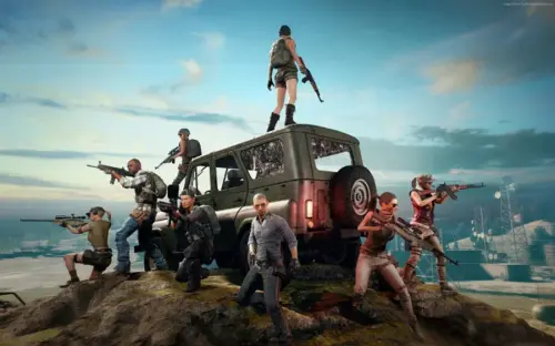 characters posing by vehicle pubg banner 4cnii2a35sgvctnb.webp