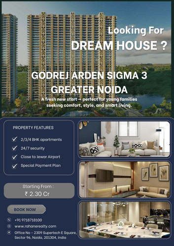 Godrej Arden Greater Noida brings together contemporary living and natural surroundings in Sector Sigma-3. The thoughtfully designed apartments, combined with open landscapes and curated amenities, create a peaceful yet well-connected lifestyle. Ideal for families and discerning buyers, this project offers long-term value. Reach out to Rahane Realty to explore unit options and schedule a visit.