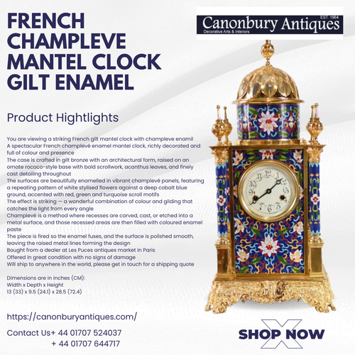 French Champleve Mantel Clock Gilt Enamel.png