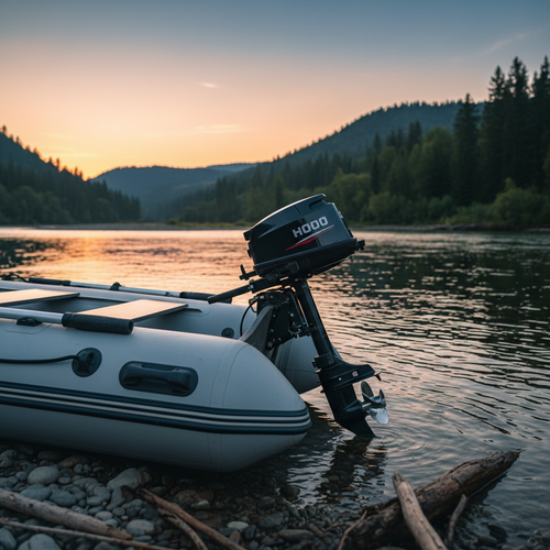 Лодочный мотор на транце у берега
