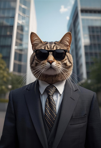 an image of a cat wearing a suit and sunglasses outside a modern looking office buildings.jpg