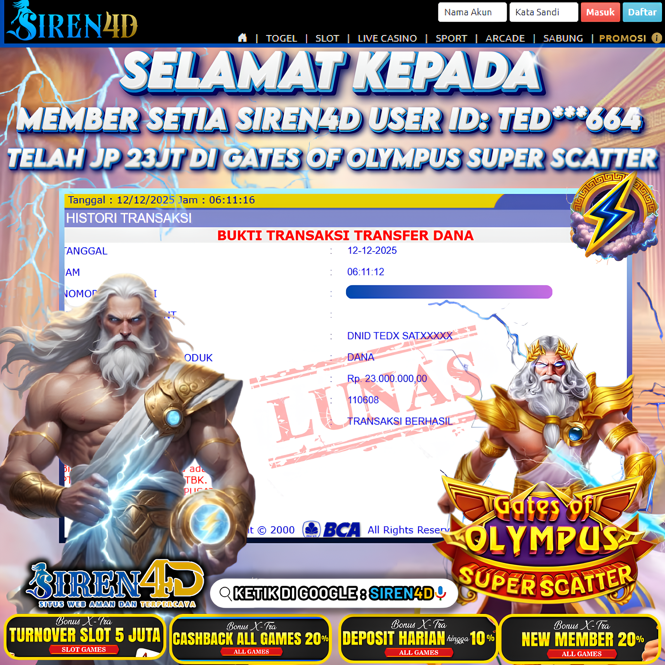 SIREN4D  - JACKPOT DI GAME GATES OF OLYMPUS SUPER SCATTER RP 23JT DIBAYAR LUNAS