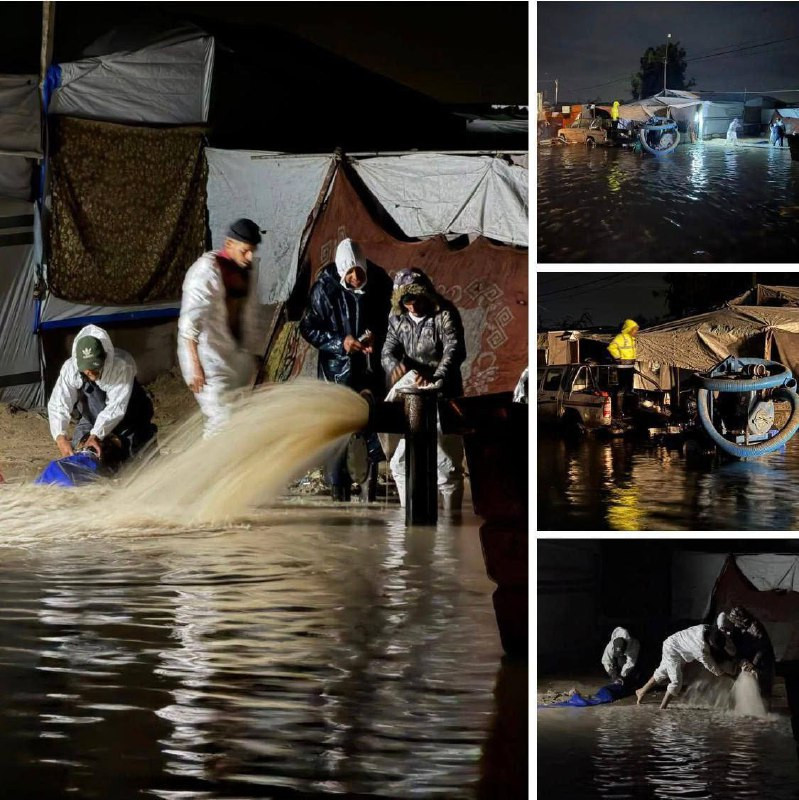 تواصل فرق الطوارئ في بلدية خانيونس أعمال كسح وتصريف المياه من الأماكن المنخفضة لتسهيل حركة المواطنين وأصحاب المركبات في ظل المنخفض الجوي وهطول مياه ال...