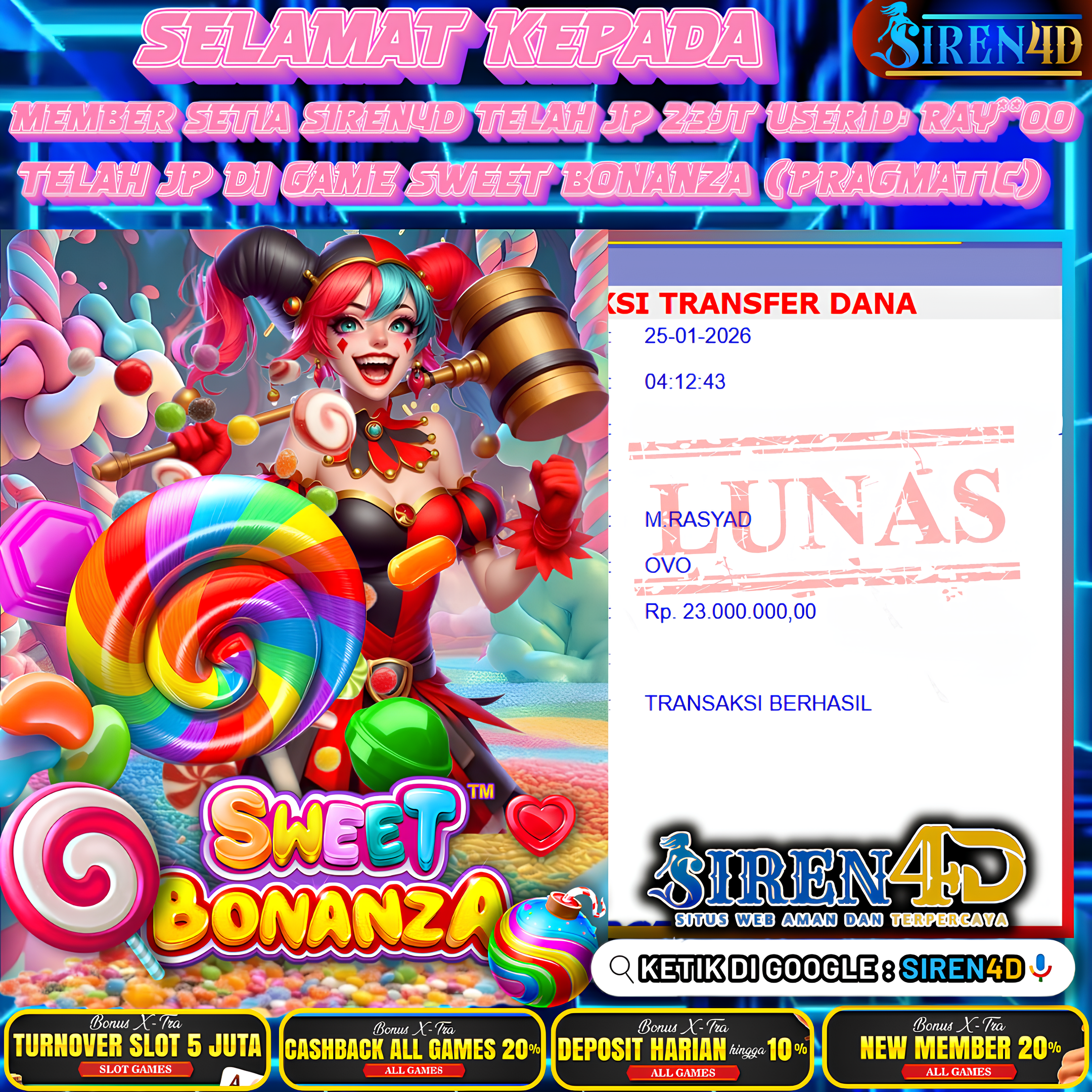 SIREN4D  - TELAH JACKPOT DI GAME SWEET BONANZA (PRAGMATIC)  RP 23JT DIBAYAR LUNAS