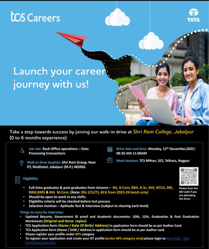 TCS Walk in Drive at Shri Ram College Jabalpur on December 15 Be Ready for Your Career.jpg