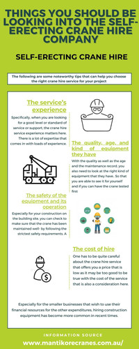 In this Infographic we give some noteworthy tips that can help you choose the right crane hire service for your project if you have decided that hiring construction equipment such as a crane is a better option for you.

Mantikore Cranes are specialist in providing self-erecting crane hire service in Australia.  We are here to do all the diligent work for you. We are giving the setup of the crane using our versatile crane reducing any pressure or stress related to the underlying setup stage. The majority of our cranes is appropriately kept up and is reliably given to our customers according to your specific needs. We are providing new as well as used cranes for sale. We have Professional who helped you always if any fault might occur. We are also providing Mobile cranes, self-erecting cranes, electric luffing cranes.  For more information visit our website or email us at info@mantikorecranes.com.au. Opening Hours is Monday to Friday from 7 am to 7 pm.

•	Website:  https://mantikorecranes.com.au/