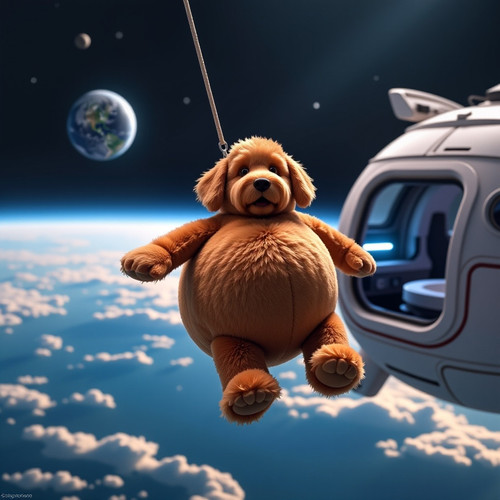 Big Belly Bob a plush labradoodle with an absurdly large spherical belly is floating outside a futur.jpg