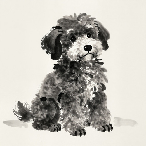 Big Belly Bob BBB a plush labradoodle with an absurdly large spherical belly depicted in sumi e ink .jpg