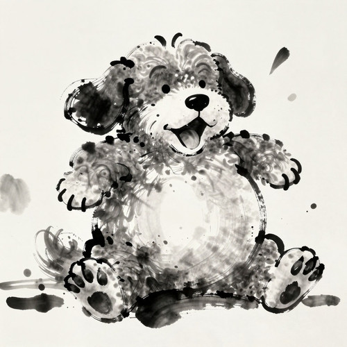 Big Belly Bob BBB a plush labradoodle with an absurdly large spherical belly depicted in sumi e ink .jpg