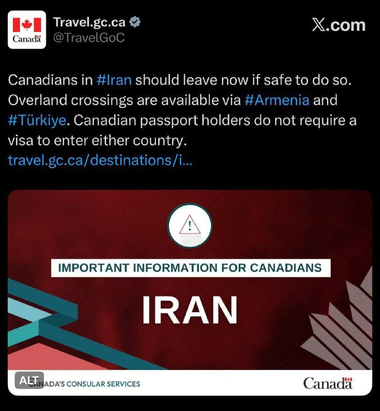 رياح الحرب

كندا لمواطنيها: غادروا إيران فوراً، عبروا الحدود إلى أرمينيا أو تركيا....