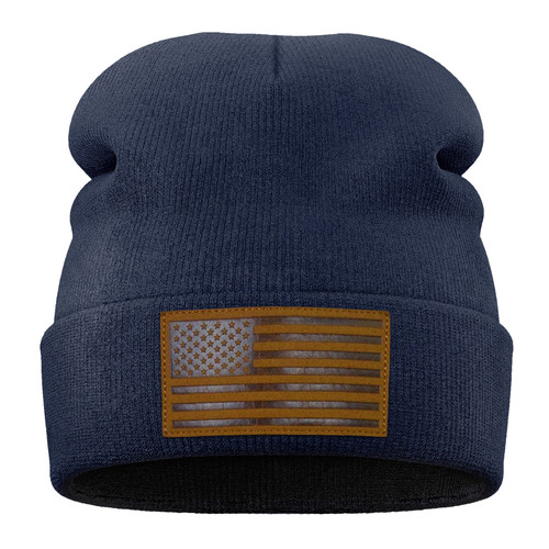 1 Beanie Front Navy Brown Leather Flag Patch.jpg