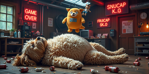 Big Belly Bob BBB a massive labradoodle with an absurdly inflated belly is in a dramatic comical dea.jpg