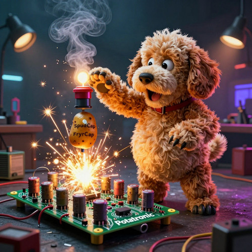 Big Belly Bob BBB a plush labradoodle with an absurdly large spherical belly is in a dramatic heroic.jpg