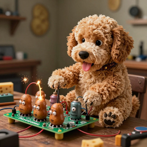 Big Belly Bob BBB a plush labradoodle with an absurdly large spherical belly playfully interacting w.jpg