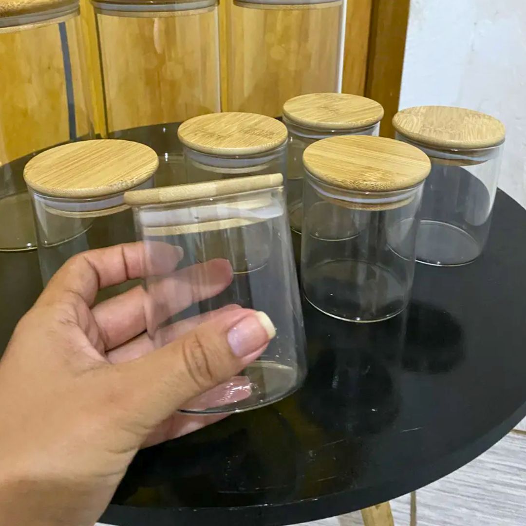Kit 6 Potes De Vidro 200ml Com Tampa De Bambu Hermético Transparente
