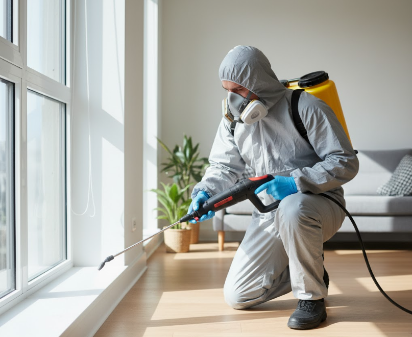 Pest control professional treating home