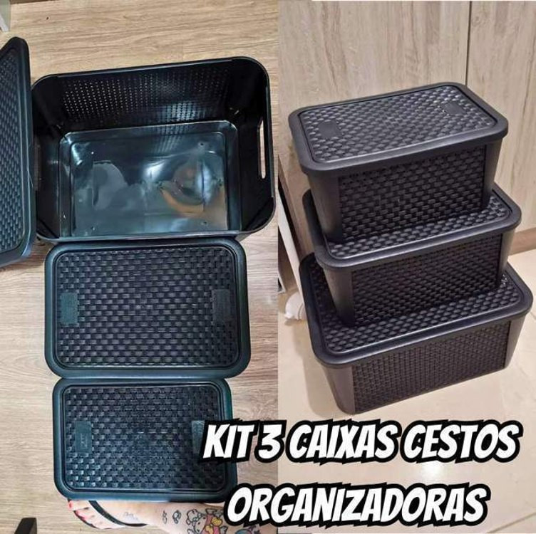 Kit 3 Caixas Organizadora Rattan P M G Cor Preto Preto Listras
