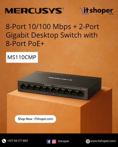 Mercusys MS110CMP network switch placed on an orange block with ports visible and itshoper branding.jpg