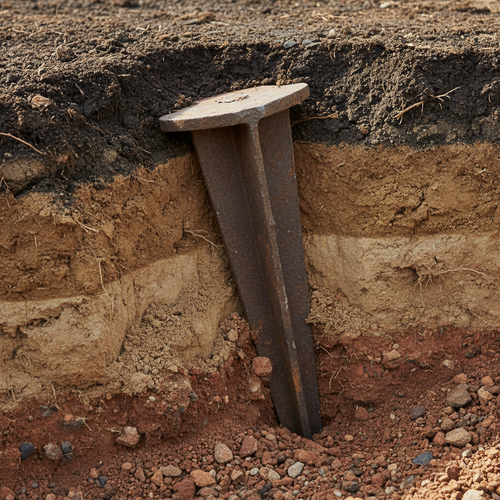 Крупный план земляного якоря в разрезе почвы, видны слои грунта, угол установки 45