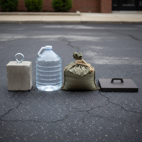 Четыре типа утяжелителей в ряд на асфальте — бетонный блок, водяная канистра, песочный мешок, металлическая пластина с болтами