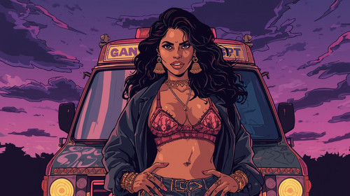 A bold, confident Indian hip hop lady wearing a loose open jacket, tight bralette, gold bangles, and.jpg