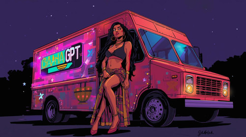 An elegant but fierce Indian rapper leaning against a GaanaGPT street truck, dark lavender night sky.jpg