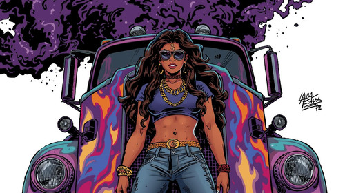 A fierce sexy Indian woman in street hip hop attire—crop top, denim, gold chains—standing against a .jpg