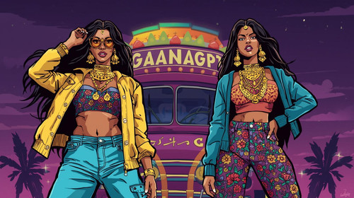 Two stylish Indian hip hop women standing beside a colorful GaanaGPT van, both wearing crop tops, go.jpg