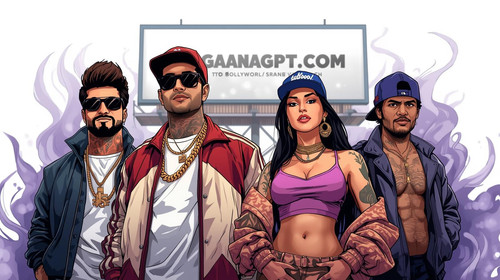 A group of four Bollywood hip hop stars—two men, two women—diverse looks, modern streetwear mixed wi.jpg