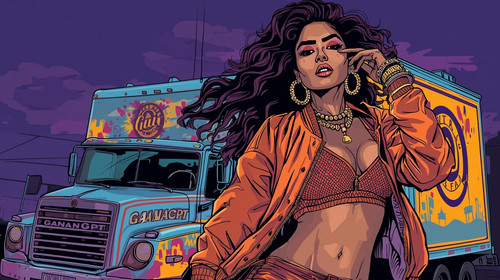 A sexy Indian hip hop star with wavy hair, nose ring, heavy gold bangles, and oversized gold earring.jpg