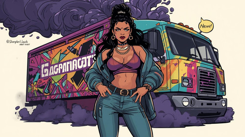 A fierce sexy Indian woman in street hip hop attire—crop top, denim, gold chains—standing against a .jpg