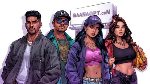 A group of four Bollywood hip hop stars—two men, two women—diverse looks, modern streetwear mixed wi.jpg