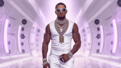 A Bollywood rap superstar, lean and stylish, wearing white designer streetwear, diamond chains, ring.jpg