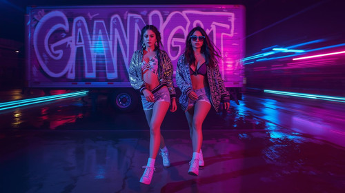 3. Dancefloor Queen Duo, Lavender Neon — Two glamorous Bollywood hip hop women mid dance, sequined j.jpg