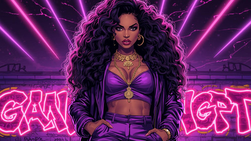 A bold Bollywood female rapper with intense eyes, big curls, glossy skin, and metallic purple jacket.jpg