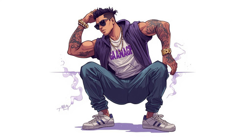 Bollywood hip hop dancer mid pose, muscular build, stylish tattoos, layered urban clothes. Wearing s.jpg