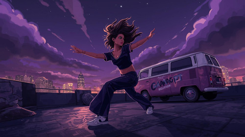 5. Rooftop Freestyle, Dark Lavender City — Female freestyler on a Mumbai rooftop at night, dark lave.jpg