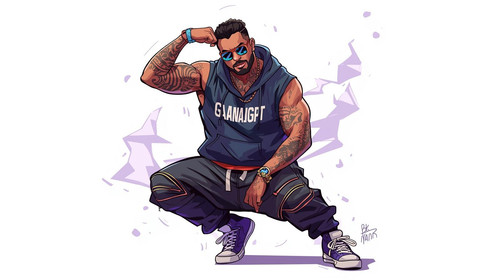 Bollywood hip hop dancer mid pose, muscular build, stylish tattoos, layered urban clothes. Wearing s.jpg