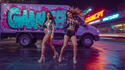 3. Dancefloor Queen Duo, Lavender Neon — Two glamorous Bollywood hip hop women mid dance, sequined j.jpg